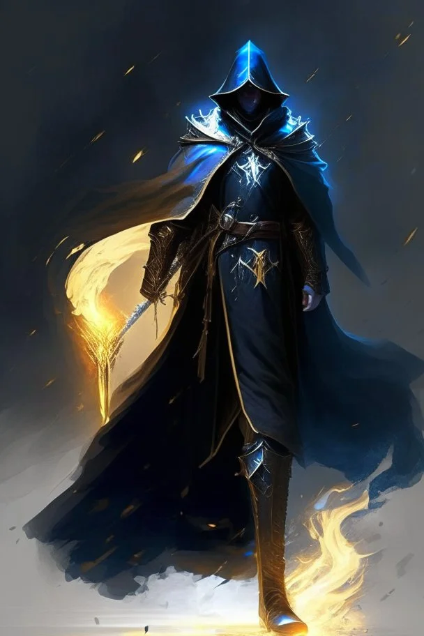 A commander with a black cloak and a long coat with long combat boots and a long spear with his Helmet is golden under his cloak like assasins With a magical power in his hand and a white anklet and boots With blue flame eyes