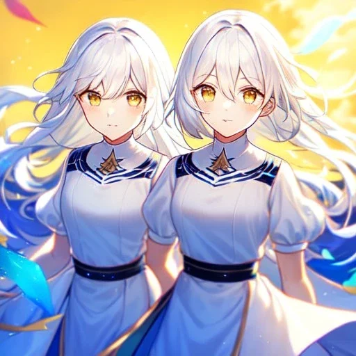 8k, Girl, high quality, detailed, white hair, golden eyes, beautiful lighting, vibrant colors, twins, wind magic