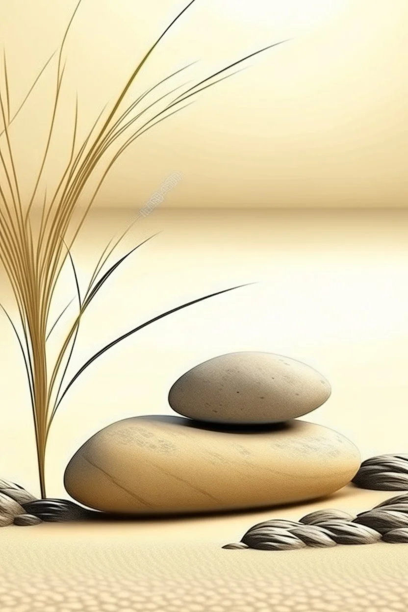 delicate background with spa stones and a bamboo stem, in the background sand on the stones abstract silhouette meditation, photorealistic photo