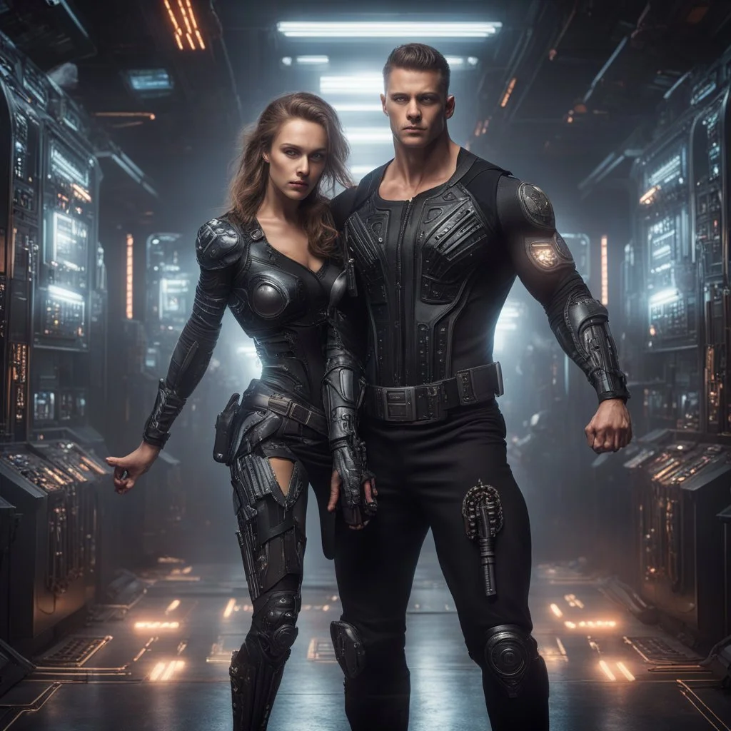 Hyper Realistic Young handsome muscular man with a soul patch wearing a skintight black long sleeve shirt cybernetic armor utility belt has weapons on it dancing with a beautiful-lady wearing-circuit-patterned-gown in an underground control room with cinematic & dramatic ambiance"