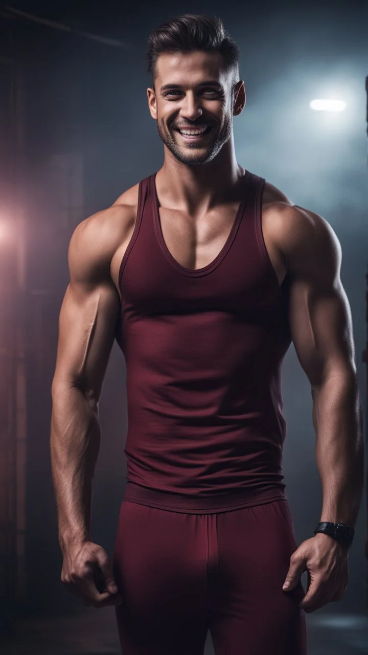 Hyper Realistic handsome muscular man in maroon-stripped-black-tank-top -&-tight-underwear giving ATTRACTIVE-SMILE in a dark gym full of maroon-fog at night showing dramatic & cinematic ambiance