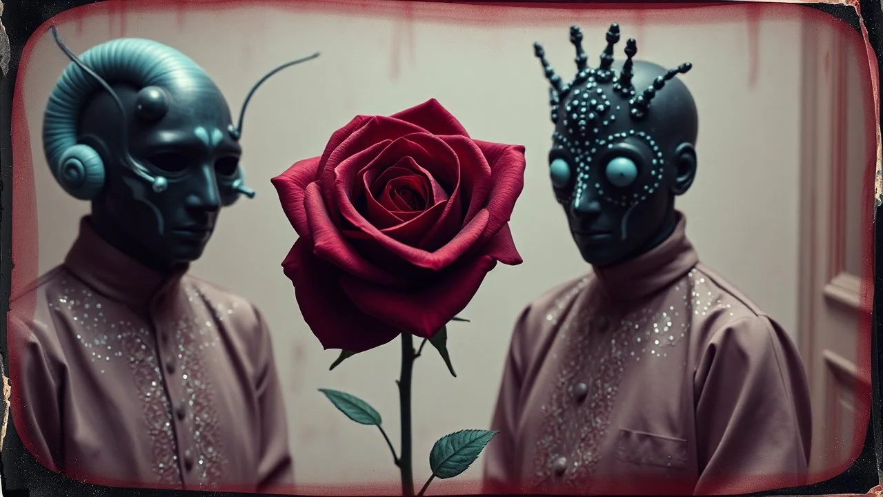 The Watchers with blue snails and black rose of the Empty Room, augmented reality, pantomim, masks, eerieland, abstract surrealism, glitter, calotype combineted transparent burgundy and pastel mint color, tintype , performance art