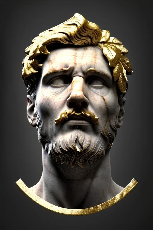 Ultra Realistic image, Roman sculpture, white marble material, Lionel Messi, gold Laurel leaves wreath, renaissance ornaments, one gold star in heart, marble and gold ornaments background, chisel style, waist up portrait, emperor style, epic, celestial, cinematic lighting, God light, god rays, 4k resolution, smooth details, ornate details, soft lighting, unreal engine 5, art station, substance 3d.