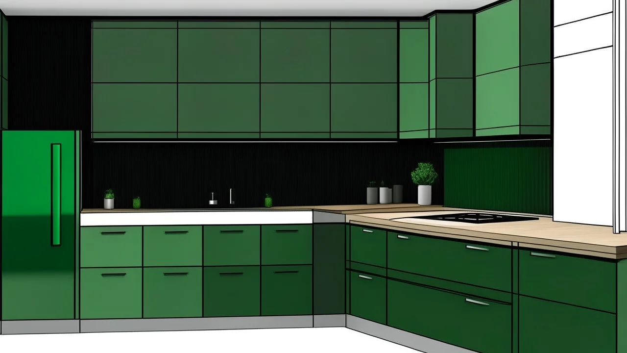 kitchen with dark green furniture, forest wallpaper on a white wall, very realistic