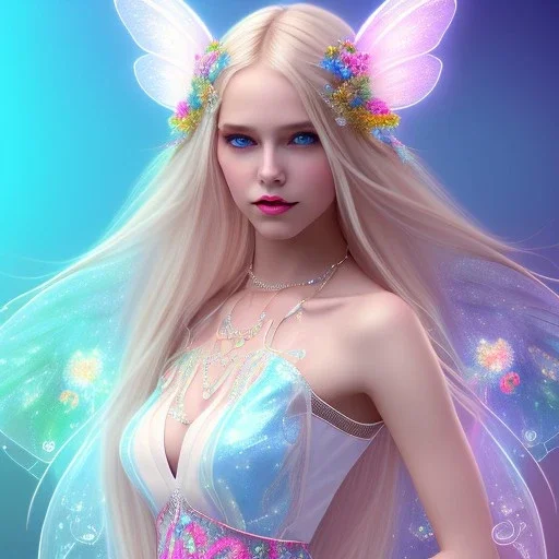 beautiful, soft, big smile face, whole head, long straight blonde hair blues eyes, crown on the head, clothing in transparent bluish and pink veil,fairy wings on the back, background brillante bluish and pink, hight definition, 8K