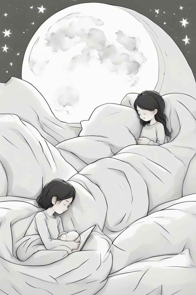 Little girls sleeping under a crescent moon with crescent-shaped pillows and blankets. Use crescent moons for the sleep accessories and a serene night sky.,very happy , Colloring page for todlliers ; basic hawali style cartoon , black and white , ink outlines , , smooth , anime style , minimalist , cute eyes , full body , white shose , sketchbook , realistic sketch , free lines , on paper , character sheet , clean line art high detailed