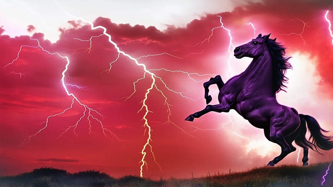 full silhouette of a horse rearing up(on left side, outlined by lighting), cloudy red sky, lightning bolts(from top to bottom left), running in the speed force