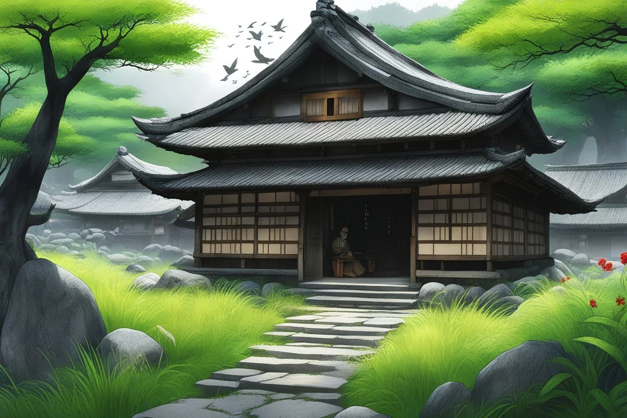 A owner of the old thatched hut Is also changed to another It’s the Doll’s Festival. Spring is passing. The birds cry, and the fishes’ eyes are With tears. The summer grasses. All that remains Of warriors’ dreams. The early summer rain Fall and fall yet Leave untouched Hikari-do Hall. Oh, tranquility! Penetrating the very rock, A cicada’s voice. The rains of summer join together How swift it is Mogami River. The old pond A frog leaps in. Sound of the water.