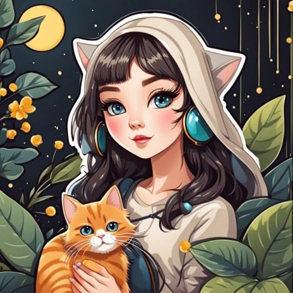 very beautiful sticker like realistic cartoon girl with cat