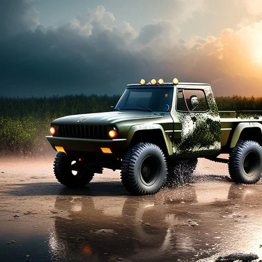 hyperrealistic shot, muddy aggressive military toy truck, monotone color palette, sharp focus, puddle reflection, tire water splash, refraction, mist on the horizon, sunset, rocks background, detailed and intricate, cinematic composition, micro, tilt shift photography