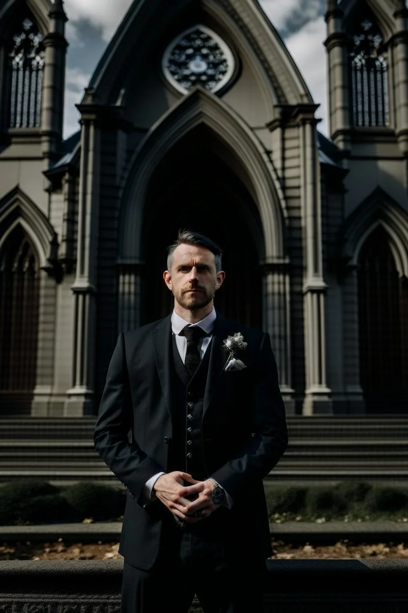 man dressed in church dress clothes bearing his chest in front of a church