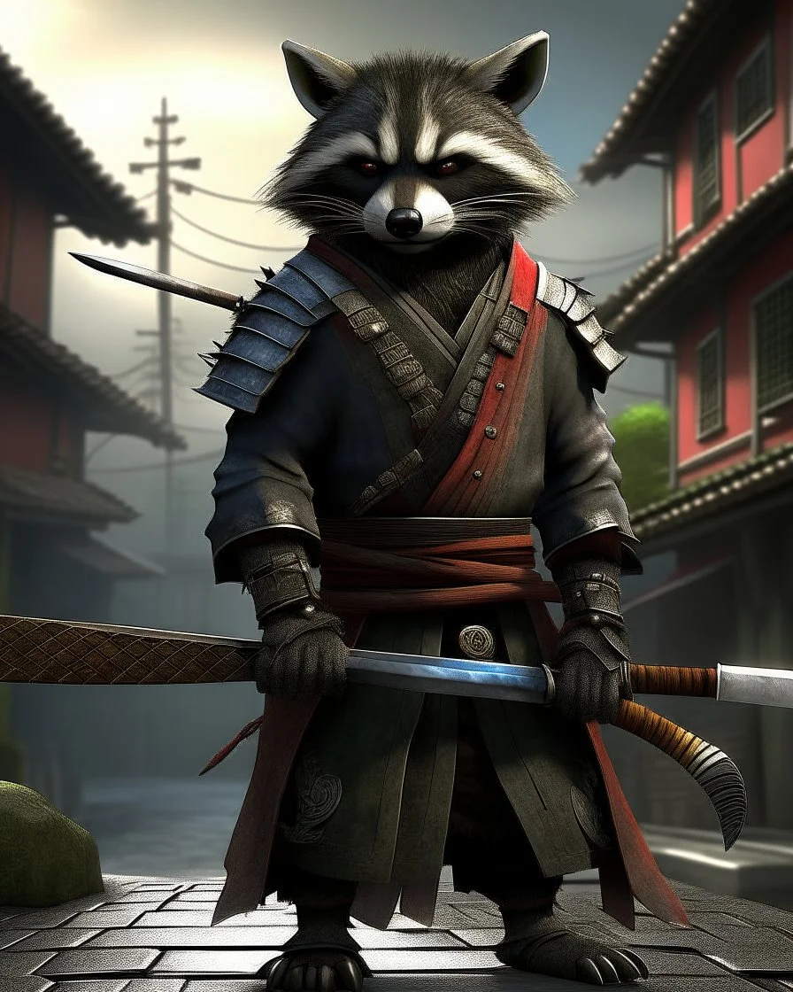 raccoon as a samurai, realistic, 1 katana, city, ready for battle