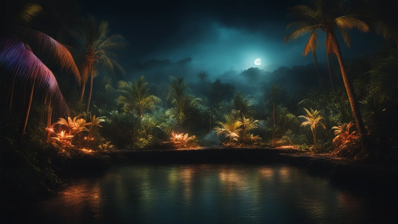 dream world, tropical, calm beauty, fantasy world, magic, night, darkness, splendor, uplifting, inspiring, therapeutic, chiaroscuro, color, award-winning colour photograph, beautiful composition, Nikon 85mm