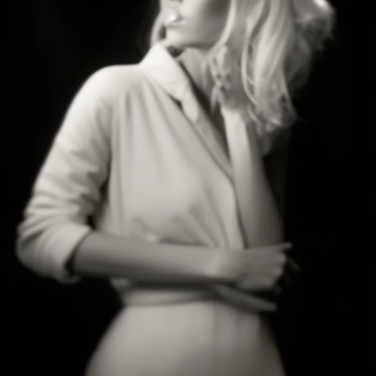 Mujer rubia iluminada, retrato medio cuerpo, iluminada potentemente desde el lado derecho, blanco y negro vaporoso, peinado a lo Verónica Lake al estilo del fotógrafo Hugo Alonso