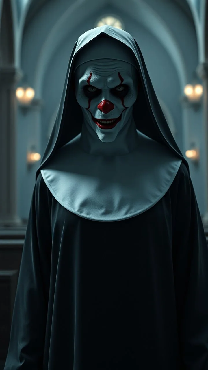 a front view of the Nun from the horror movie, standing in the church clown skin texture in a 3d rendering full-height image of a grim and dark scene. Ensure the final images exhibit the utmost quality, encompassing 4K, 8K, and 64K resolutions, with 3D rendering that manifests in photorealistic, hyperrealistic, and highly detailed representations. Employ techniques such as HDR, UHD,