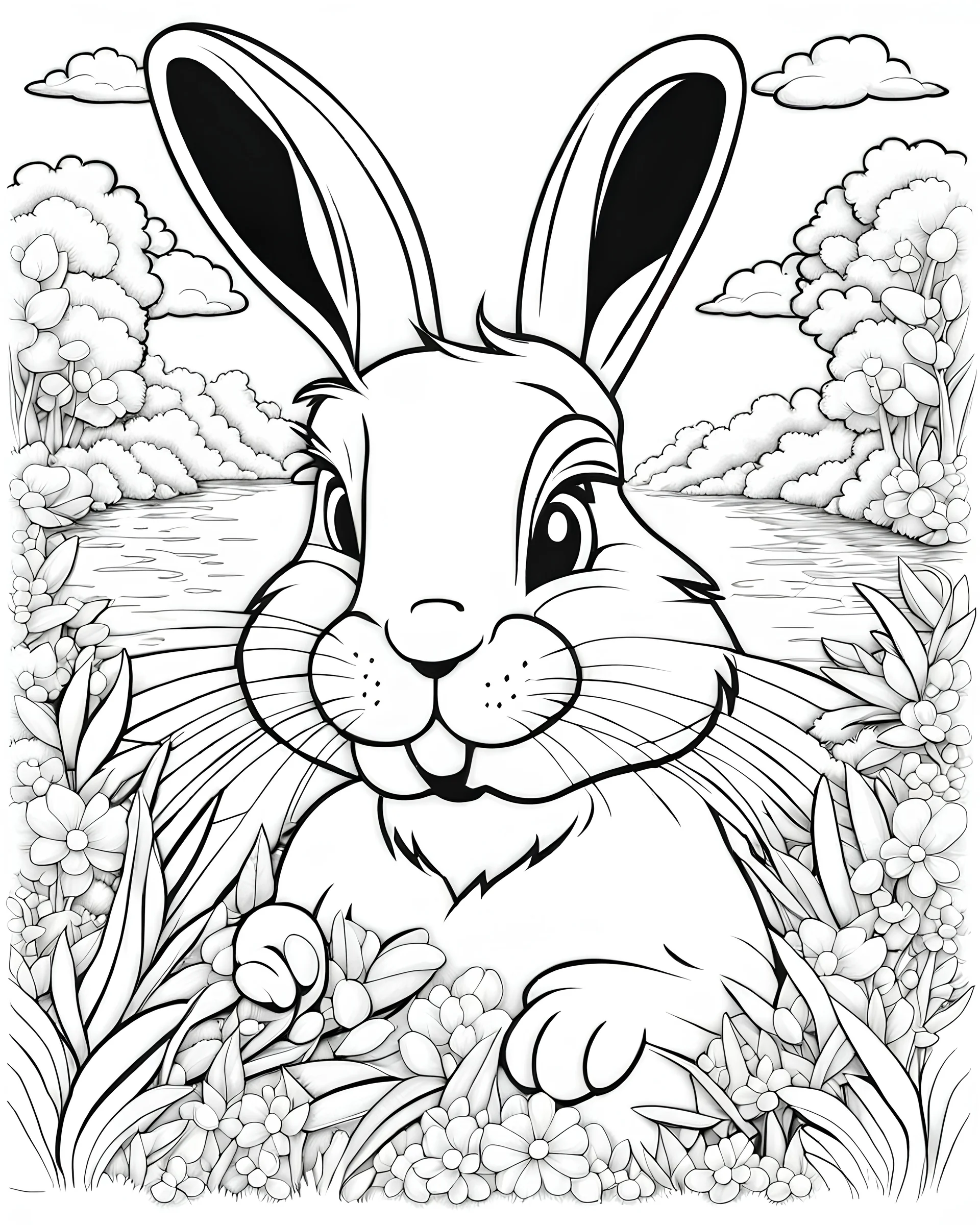 B/W outline art,coloring book page, full white, super detailed illustration for adult,"Silly rabbit falls in love: his eyes glow when he sees the one he loves", crisp line, line art, high resolution,cartoon style, smooth, law details, no shading, no fill, white background, clean line art,law background details, Sketch style.