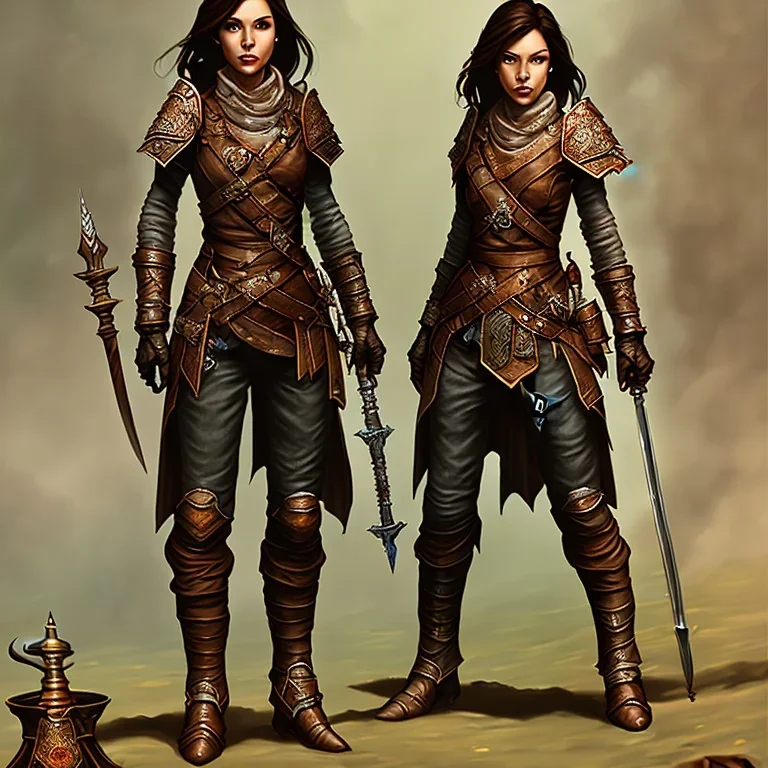 dungeons and dragons, female human, druid, brown hair, brown eyes, full body, realistic face, short hair, hair tied back, large nose, closed mouth, leather armor