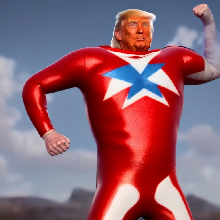 Realistic image of Donald trump super hero, retro style, watchmen style, red white blue colors, white stars, suspenders, latex material, 80s, vibrant color, highly detailed, sky background, concept art, unreal engine 5, god rays, ray tracing, RTX, lumen lighting, ultra detail, volumetric lighting, 3d, finely drawn, high definition, high resolution.