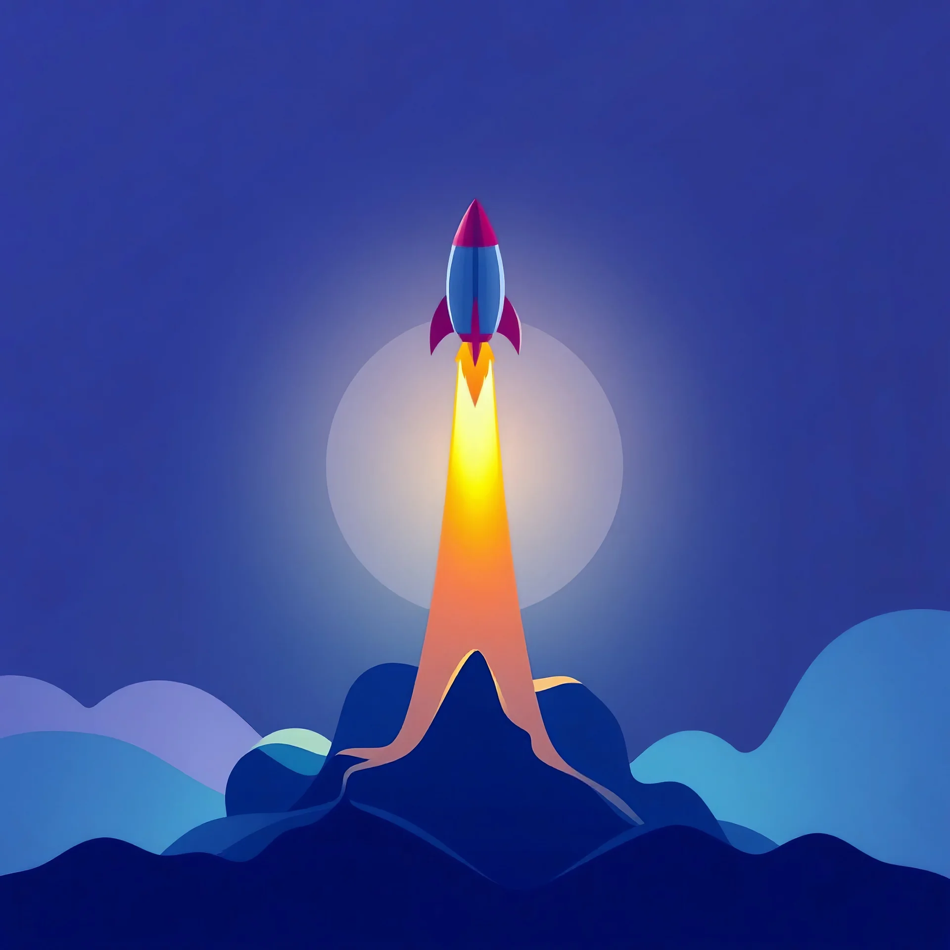 Create minimalist vector art, landing page hero, showing a sleek rocket launching upward with vibrant flames, representing a startup launch. The background should be abstract with geometric shapes and soft space-inspired gradients in bold tech colors like deep blues and purples,