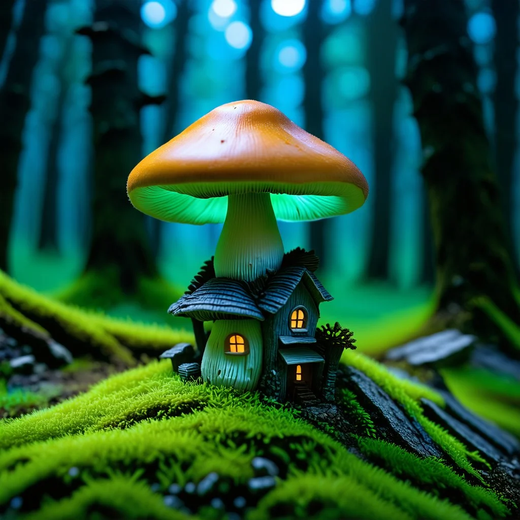 "Close up of a wonderful tiny Mushroom Tower home. green and orange with bright white, deep black and contrasting tones of gray. Illuminated bioluminescent forest. Professional painter, master at composition. small but detailed. broken, blurred background, voluminous lighting"