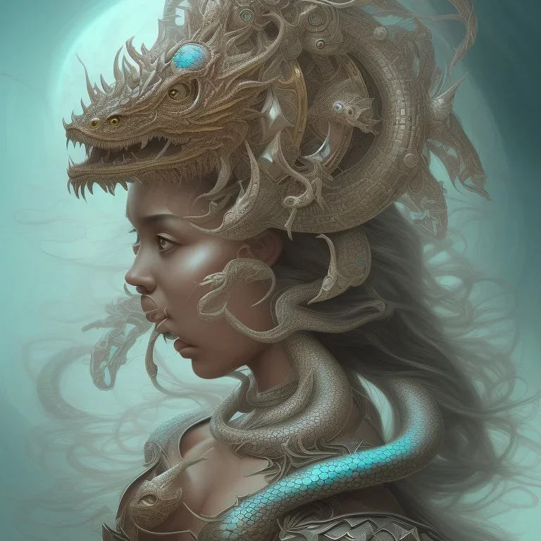 sango fantasy, fantasy magic, intricate, sharp focus, illustration, highly detailed, digital painting, concept art, matte, artgerm and paul lewin and kehinde wiley, masterpiece silver dragon head brown Asain African nice breast Afo woman turquoise waves