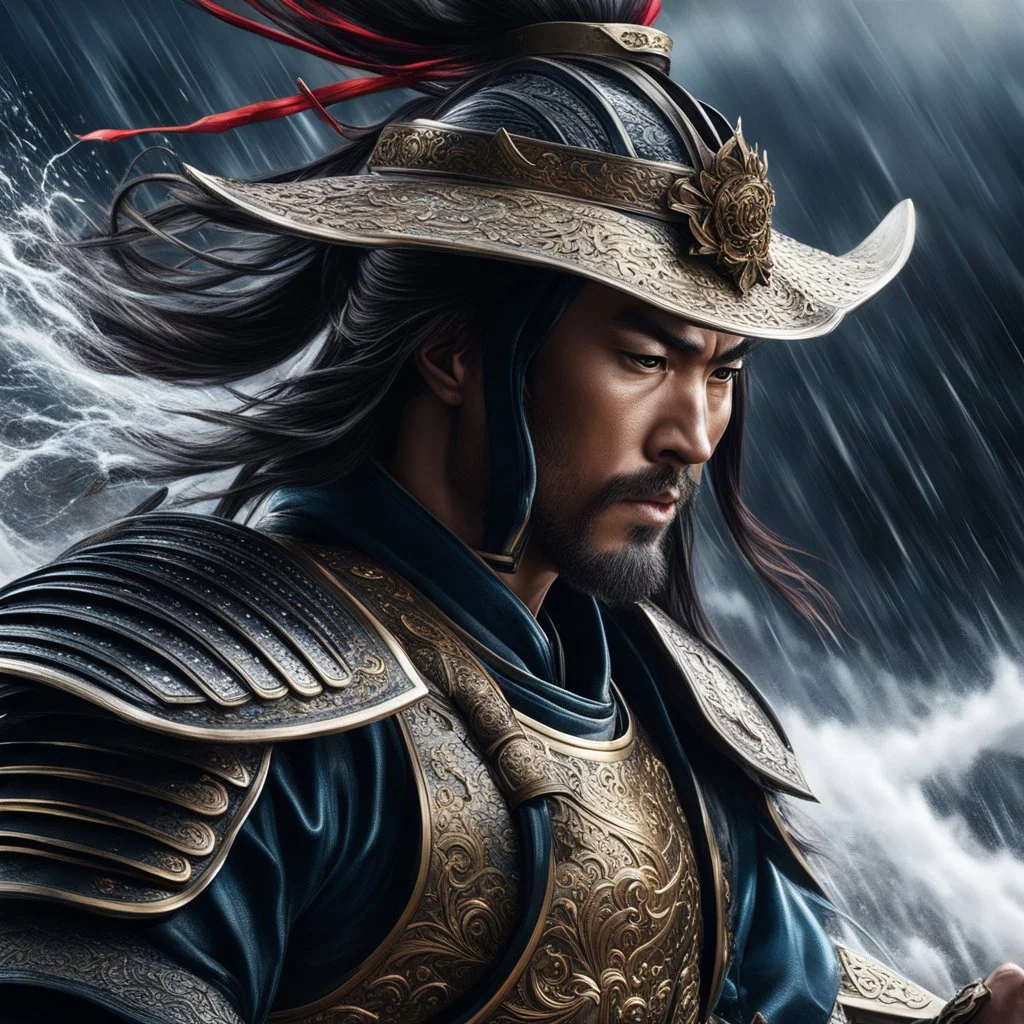 hyper-maximalism, ultra detailed, close-up, side view, samurai in full intricate armor, attack stance, water, storm, raging wind, hyper realistic, digital art, cinematic, art by David Finch and Artgerm, ultra sharp focus, award winning photograph, perfect contrast, high sharpness, depth of field, dynamic pose, ultra detailed photography, global illumination, smooth, ultra high definition, 8k, unreal engine 5, ultra sharp focus, 8k, slight imperfections, V-ray render