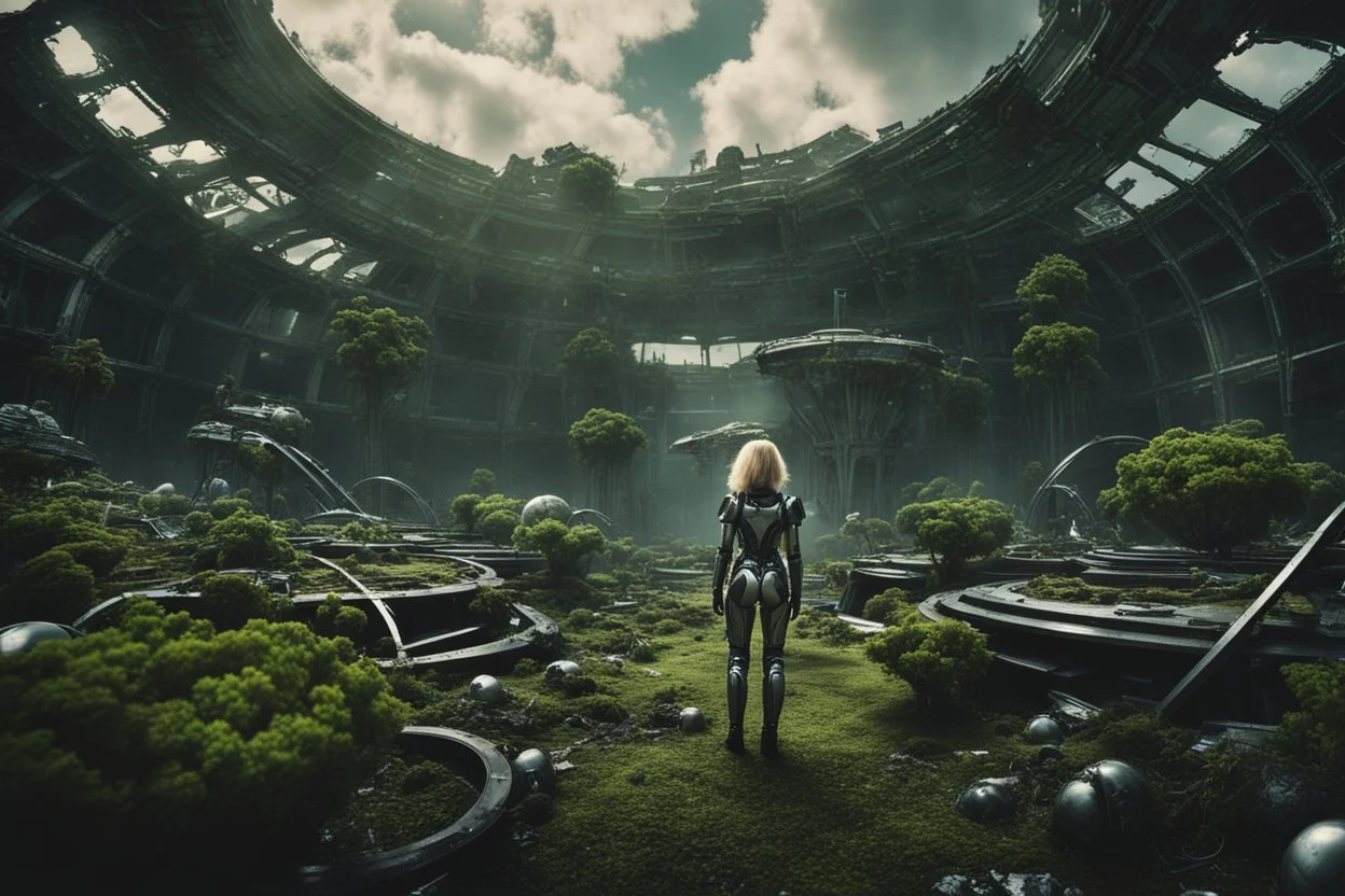 Wide angle photo of a sci-fi slim woman with blond hair, silver and black futuristic spacesuit looking android-like, standing on a derelict alien jungle planet with cloud trees in multiple green hues