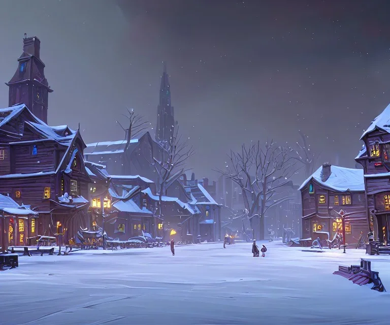 A snowy warlock town with river canals and a magical Christmas tree