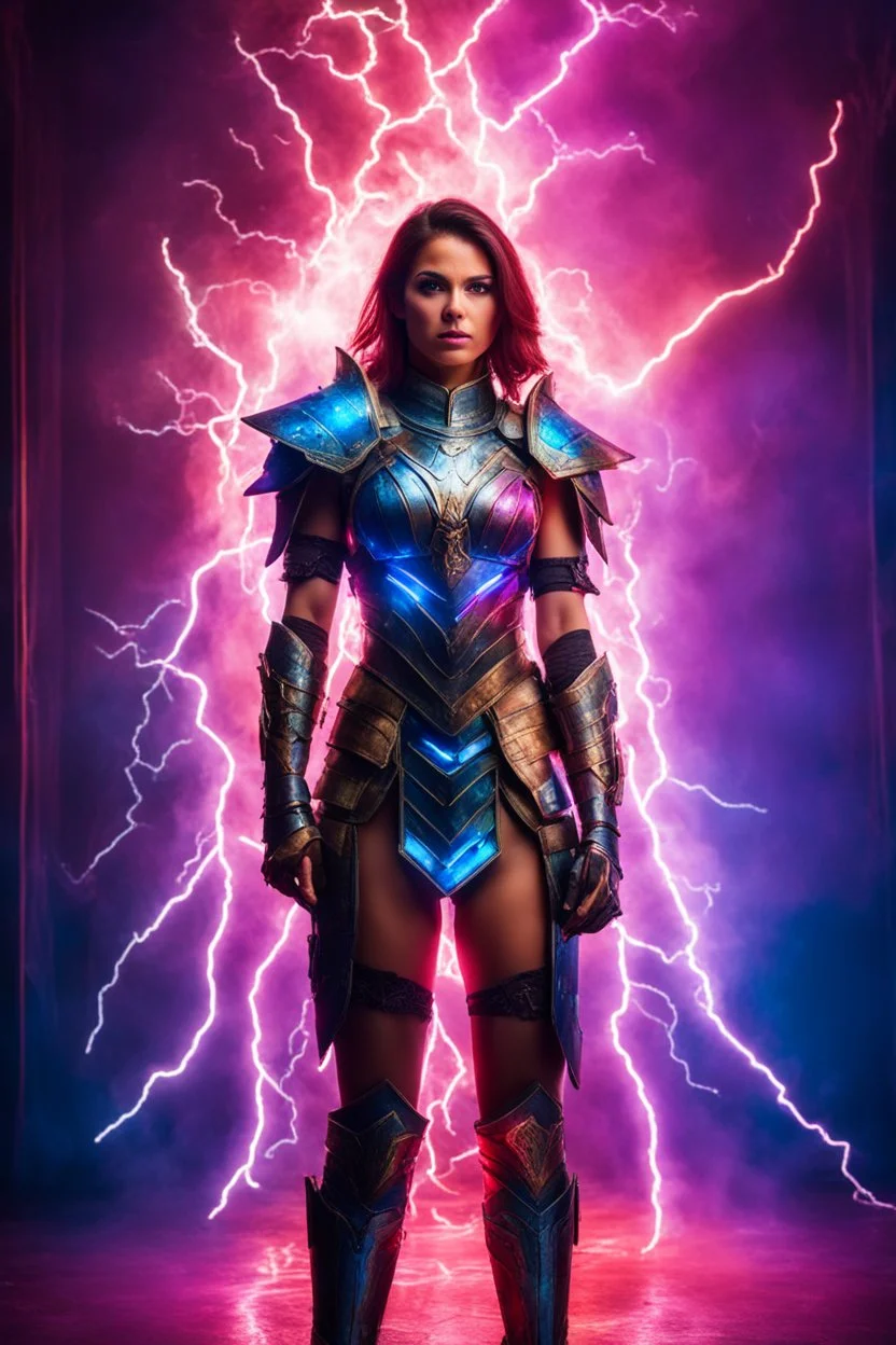 Photography Beautiful woman dressing warrior armor, colors lighting, extreme neons colors lightning, surrounded by colors electricity