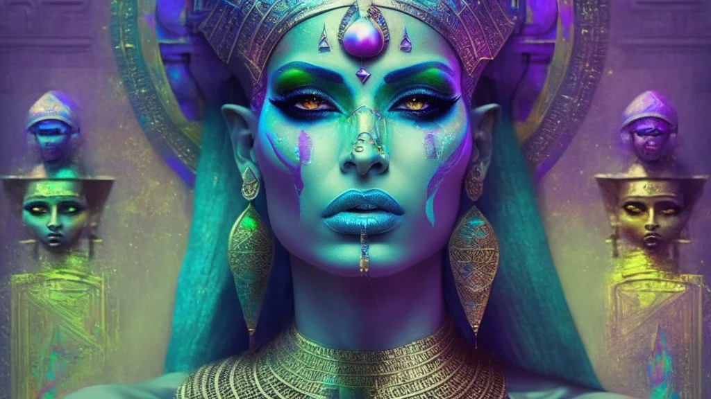 Queen Of The Damned Disguised In Pastels; Hieroglyphics, Symbolism, Dystopian, Elegant, Fantastical, Intricate, Hyperdetailed, Holographic, Magnificent, Meticulous, Mysterious, Ominous