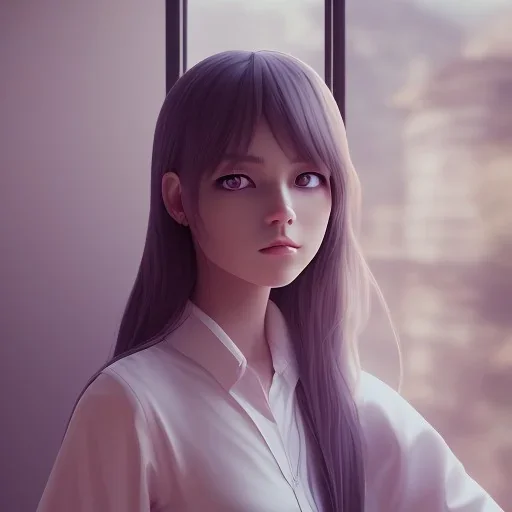 Anime, female student studying by the window,perfect face, cool face, ultra detail, unreal engine 5, cinema4d, sun light, studio lighting --ar 1:1 --v 4