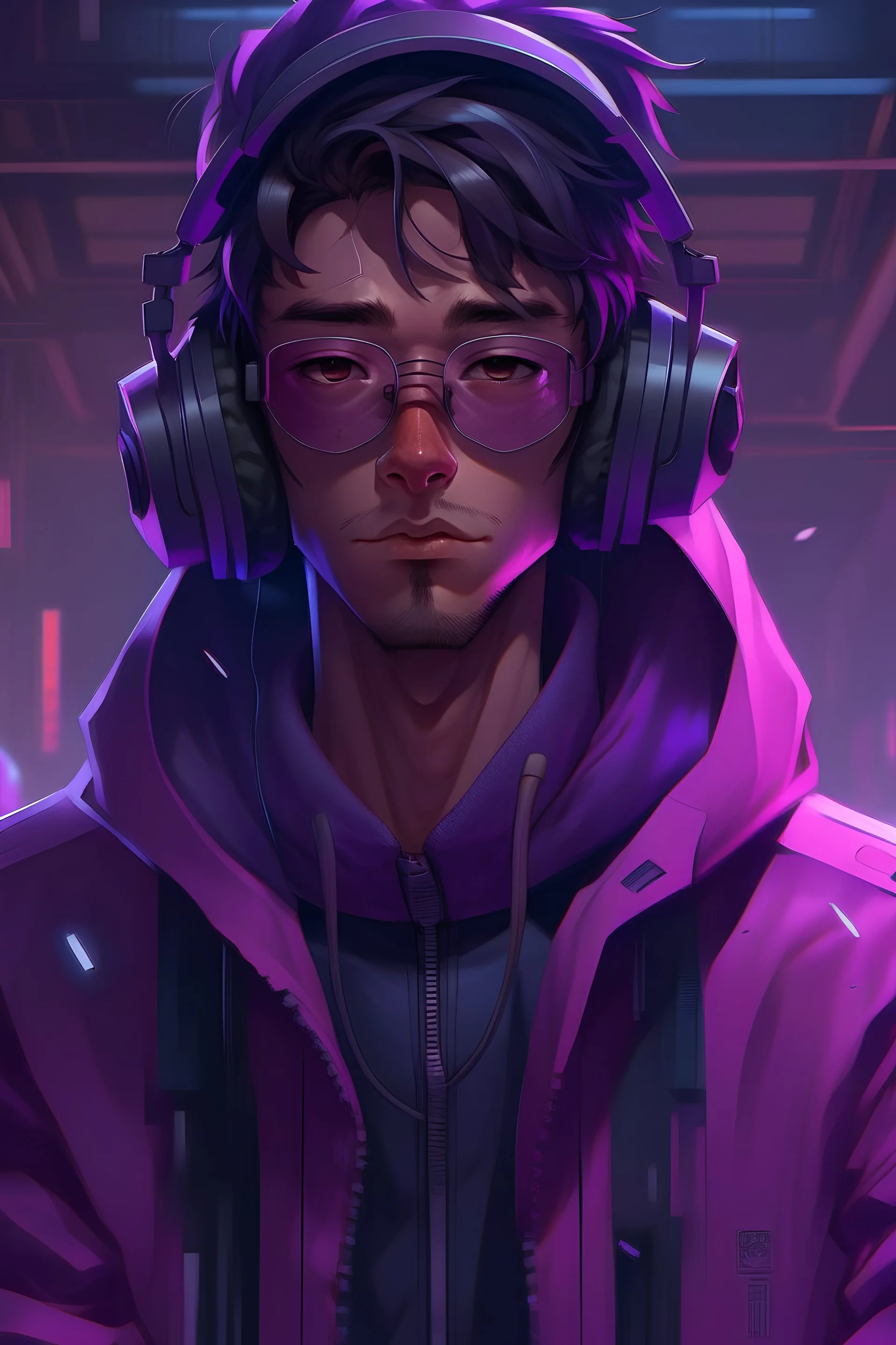 Akira anime-style portrait of a cyberpunk-themed man wearing a VR headset and purple techwear jacket.