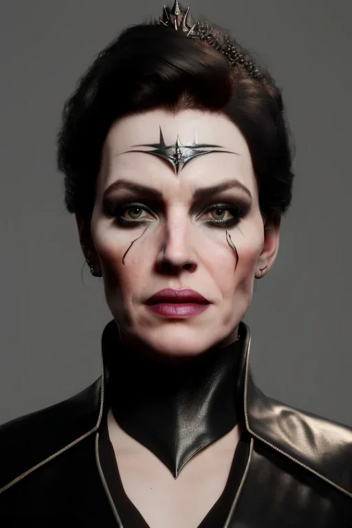 portrait of shae marks as evil queen in black leather, leather, angry, stern look, volumetric lighting, particales,highly detailed,cinematic, deep colours,8