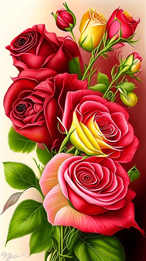 Valentines day flowers, art, drawing, very realistic, detailed, vibrant colors.