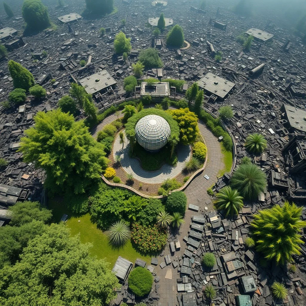 HD hi res Photograph, wide angle wide lens overhead view of a brilliant lush modern garden which is an oasis in the middle of an expansive grey burnt out post-apocalyptic desolate landscape of burnt out urban destroyed rubble, juxtaposition, fantasy realism,