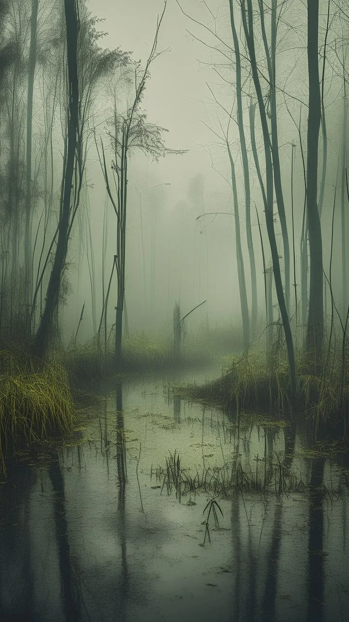 A swamp surrounded by bamboos long trees in cloudy, depressing, foggy, with a dim of light in the distance , on the side an abandoned old hose covered with leaves