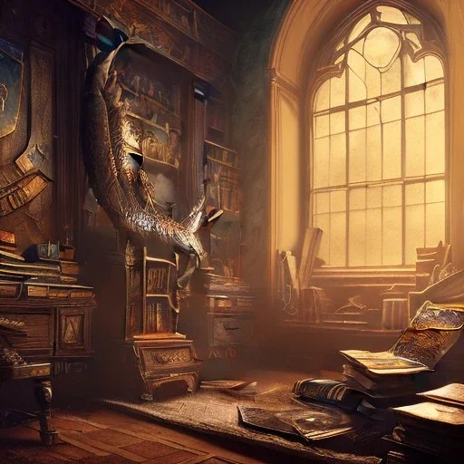 dark fantasy concept art, dynamic lighting, hyperdetailed, intricately detailed, Splash screen art, deep color, Unreal Engine, volumetric lighting, fantasy library artwork, indoors, cozy, leather, wood, library, books,