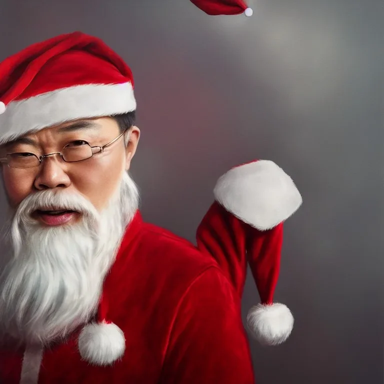 Person Changpeng Zhao, crypto, BUSD, binance, BNB , xmas hat, santa claus, xmas, angry, FUD, fear uncertainty doubt, 8k resolution concept art portrait by Greg Rutkowski