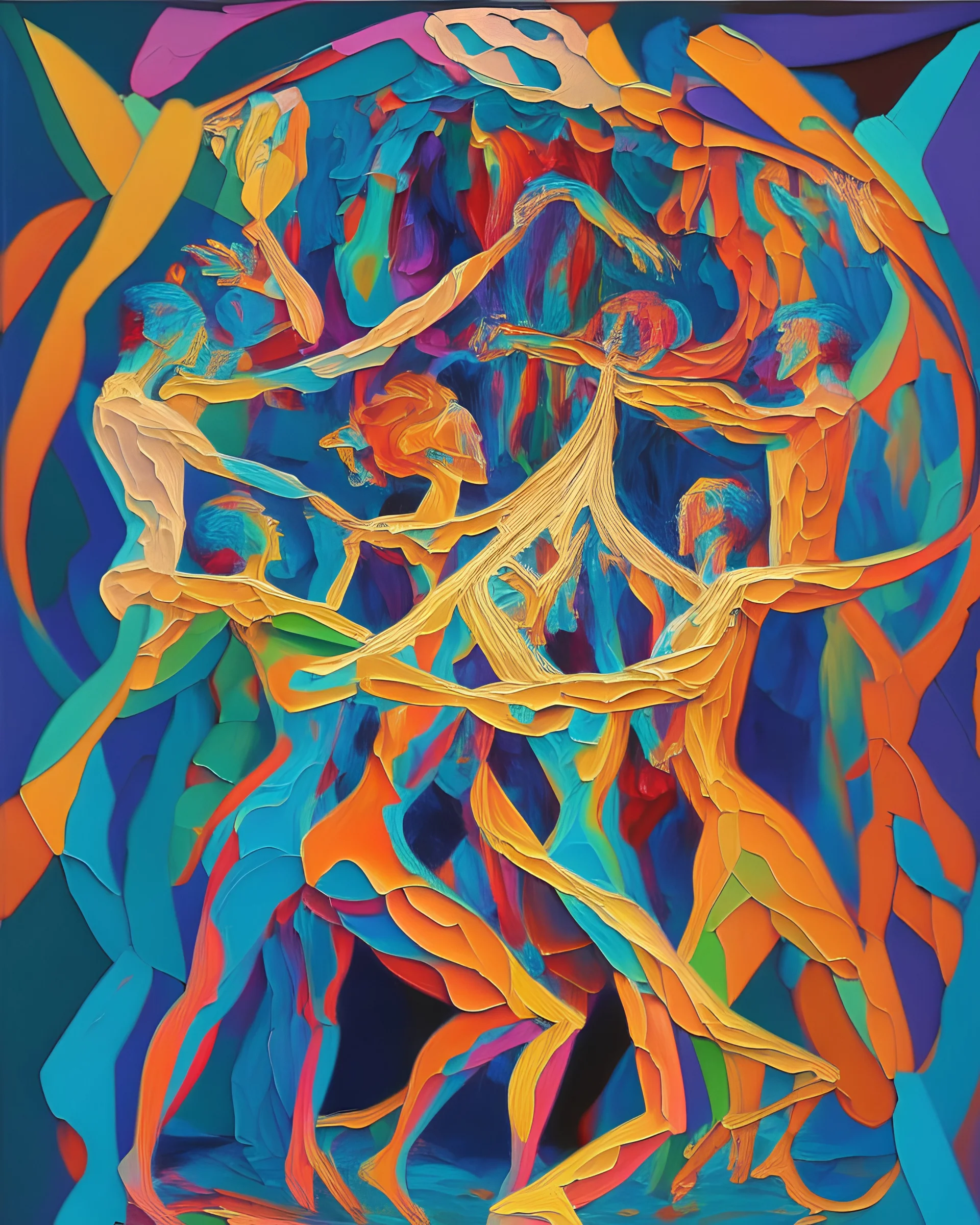 A vibrant kaleidoscope of intertwined human figures, inspired by the fluidity of dance and human connection, in the style of abstract figurative art, bold brushstrokes, vivid colors, and energetic movement, 10K resolution, influenced by the works of Francis Bacon and Egon Schiele, expressing the beauty of unity and shared experiences.