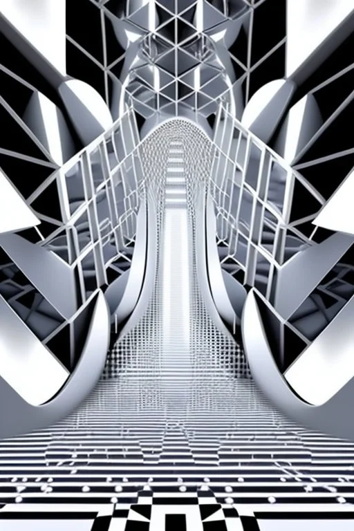 an idea is created of a bridge which has white clouds, in the style of futuristic digital art, grid formations, hall of mirrors, black and gray, photorealistic fantasies, multilayered dimensions, frontal perspective