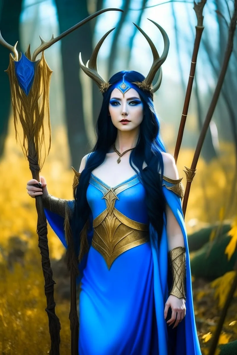 A picture of a beautiful blue faced Korean goddess with skin painted blue, blue body, blue torso, wild black hair, stag antlers, elven ears, golden skirt, holding a staff in a sunny forrest