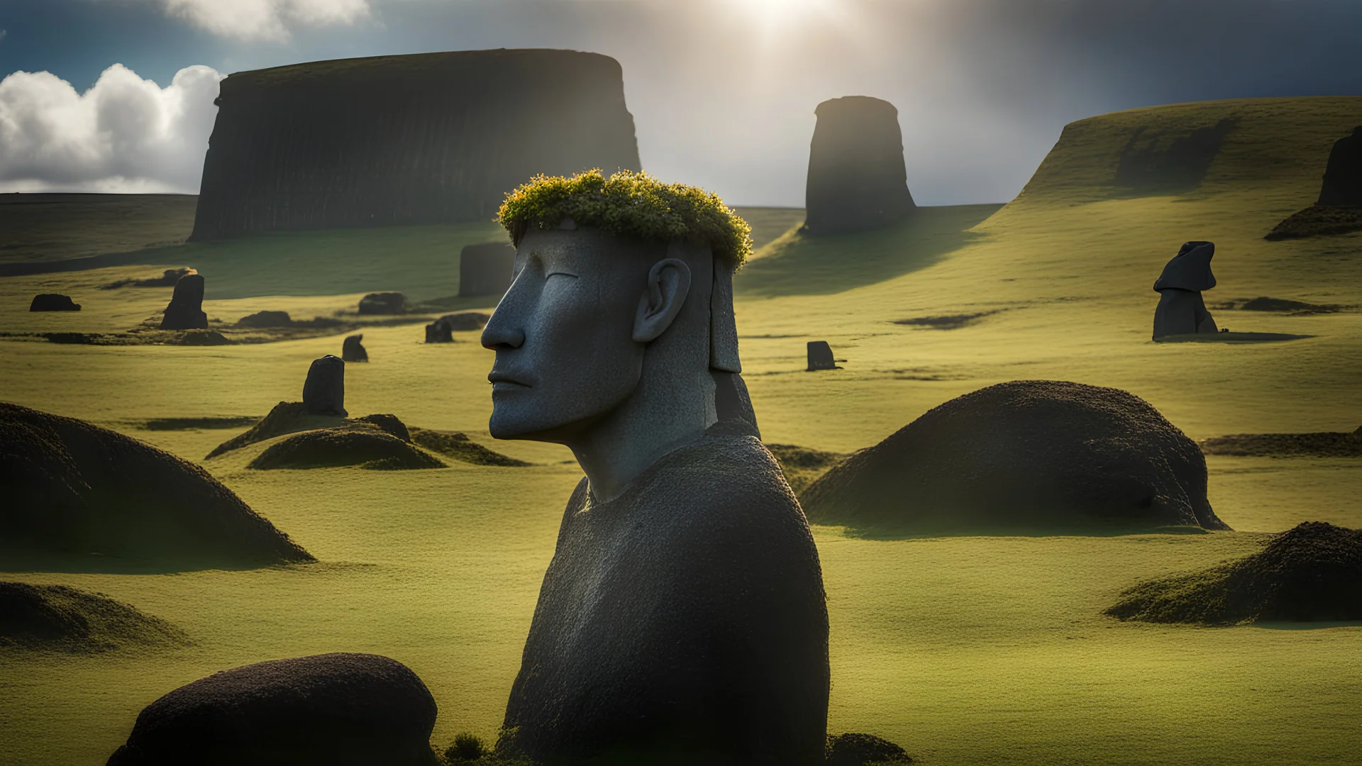 calm beauty, fantasy, magic, splendor, uplifting, inspiring, therapeutic, Easter Island, springtime, sunlight, chiaroscuro, color, award-winning colour photograph, Nikon 135mm