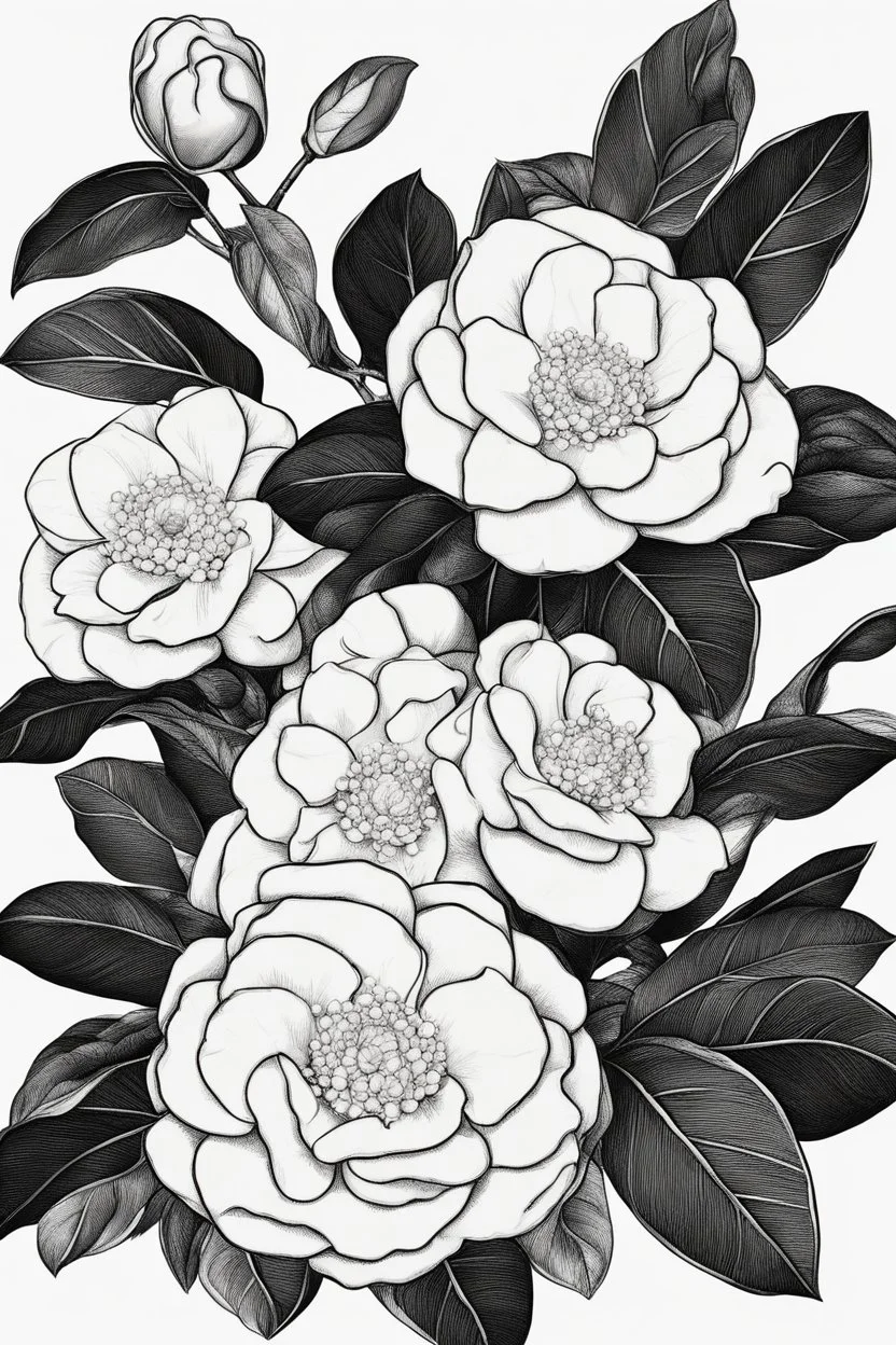 outline art of Camellia only black and white, no colour , White background. sketch style, clean line art, white background, no shadow and clear, no people, no colour, for book