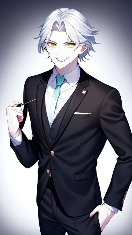 plauge doctor in balck leather coat and suit with silver hair, pale skin and bright green eyes smiling with sharp teeth, nice young face, male, viscious smile