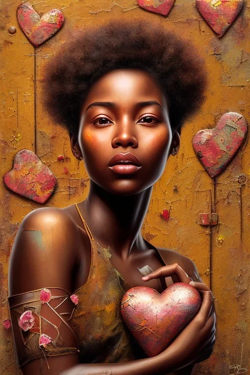 an abstract painting of rusted metal and flowers, heart filled with love African girl and an American girl , rust, scaffolding, iron cladding, decay, mixed media, textured, anatomically correct, beautiful perfect face, sharp focus, highly detailed