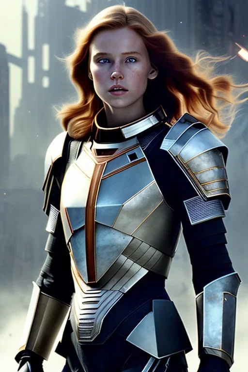 ultrarealistic, ruined city,__scifi armor__, __angles__, 18 year old woman, strikingly beautiful, ginger hair, _colour_, [__starlets__|__starlets__], (pale __skincolor__ skin:1.2), __camera__, _hair_, detailed face and eyes, medium breasts, leather choker, freckles, dynamic pose, resolved expression, __accessory__, strappy outfit, (straps:1.1), sword in scabard on left hip, (buckles, buttons, snaps, rings:1.0), haltertop style breastplate, detailed eyes, plump lips, sci-fi theme