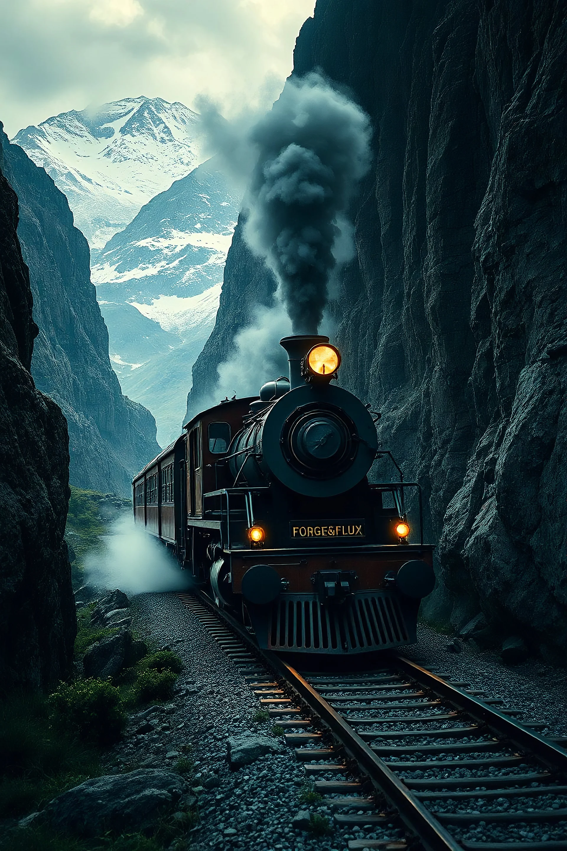 steampunk style, atmospheric beautiful train with the inscription #FORGE&FLUX, rides in stunning mountain landscape, mountain gorge, split toning effect, subsurface gaussian scattering, dark fantasy, dark botany, photorealistic image, ultra-detail