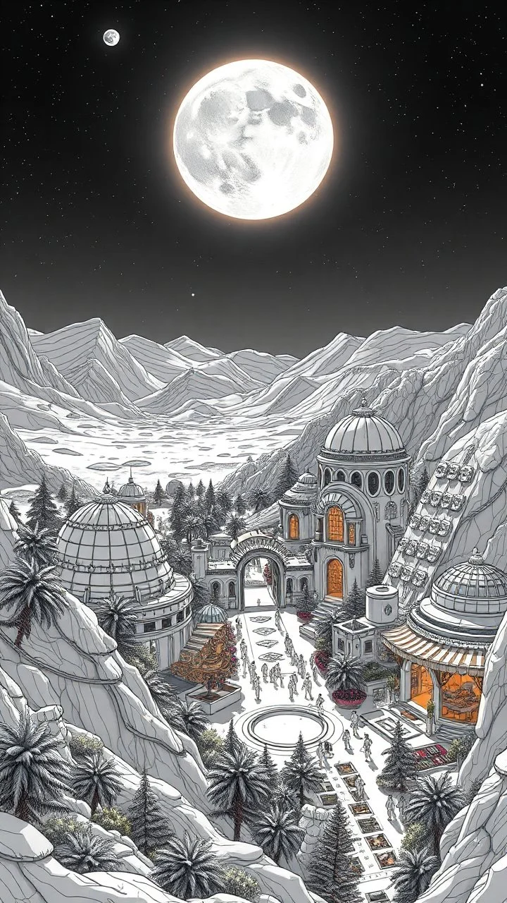 In the center of a vast lunar landscape, a mesmerizing idyllic colony sprawls across the lunar valley, radiating an otherworldly beauty. This line art painting captures the colony's intricate domed structures, glinting solar panels, and lush gardens under the gentle glow of Earth. Each detail is meticulously rendered in stunning detail, from the shimmering astronaut-guarded gates to the bustling market square, inviting viewers to immerse themselves in this futuristic utopia. The image exudes a s