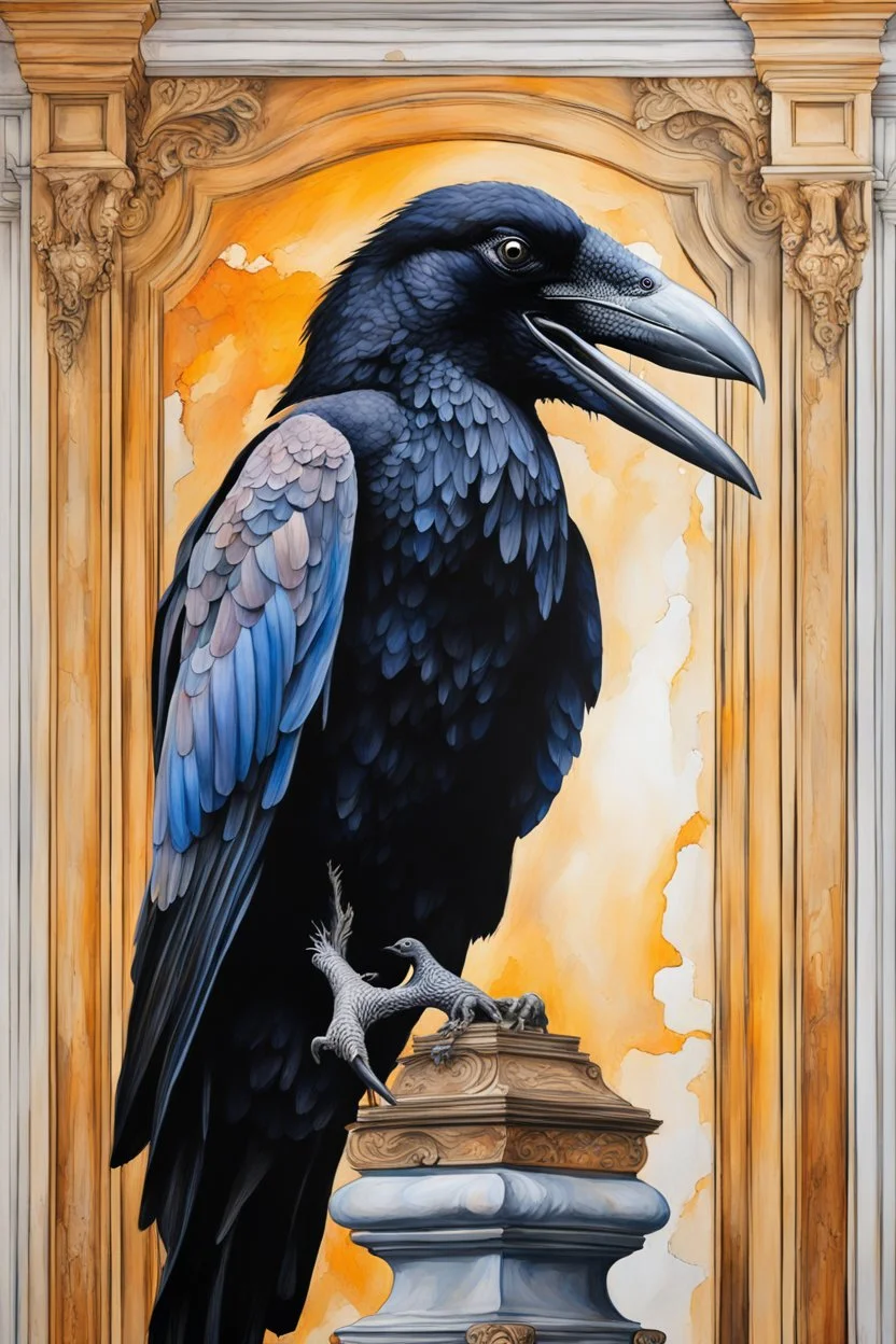 laughing maniacally - 24x36 inch movie poster - "The End of Life" - double exposure - Oil paint, water paint, acrylic paint, statuesque, clay molding, wood burning, pencil and ink - in the art style of every artist that has ever lived - The Raven sat perched upon a bust of Pallas just above my chamber door