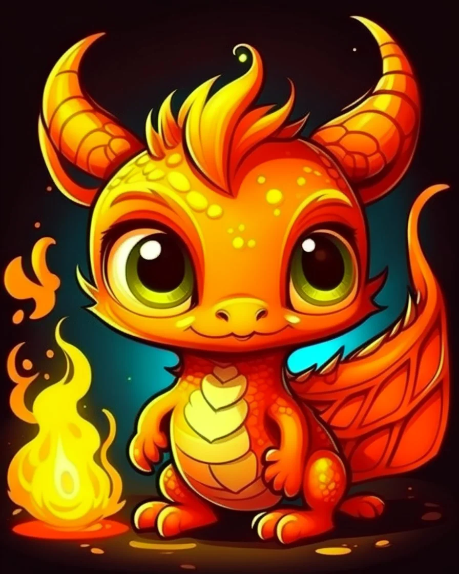 cartoon illustration: a cute little fire dragon with big shiny eyes. The dragon has big wings.